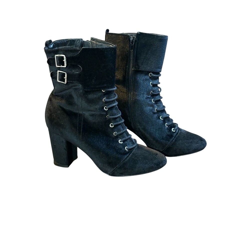 Diba Academia Black Lace Up Ankle Boots Velvet Heeled Buckle Women Size‎ 8